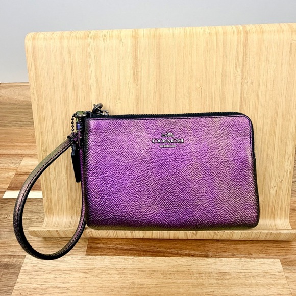 Coach Handbags - Coach HOLOGRAM CORNER ZIP WRISTLET Iridescent Metallic Purple Leather Small